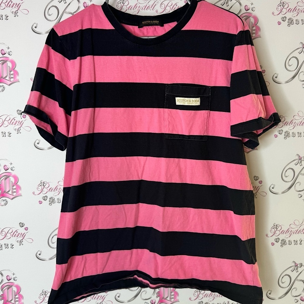 Scotch & Soda Pink and Black Striped Tee logo pocket tshirt top stripes classic